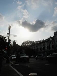 street in Georgetown, dark against a bright sky