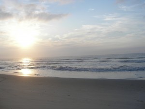 pastel beach and ocean with the glowing morning sun