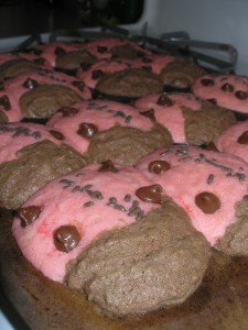 ladybug cookies: pink and chocolate dough, chocolate chip spots